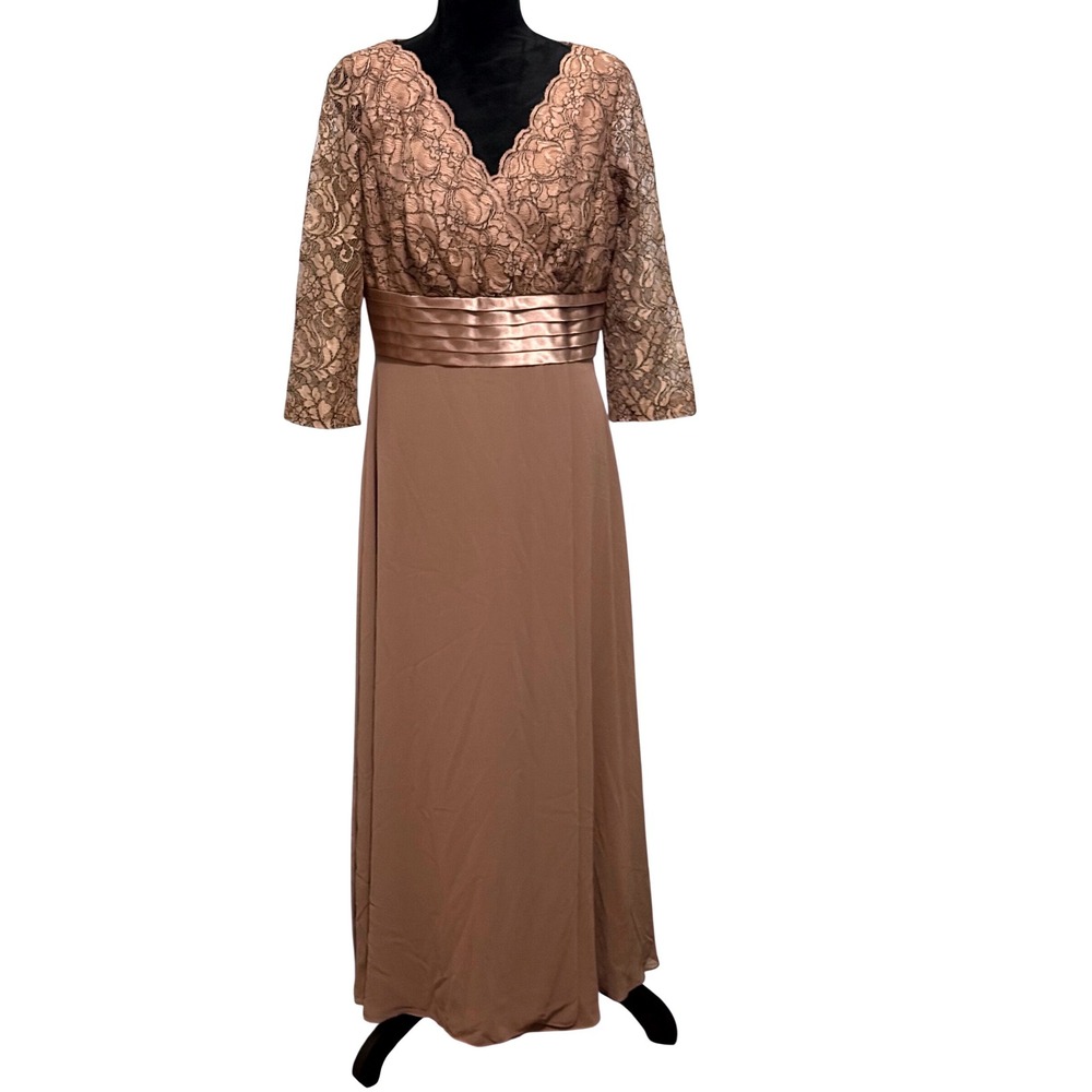 Patra Womens Size‎ 12 Lace Bodice Pleated Waist Formal Gown Taupe 3/4 Sleeve B2